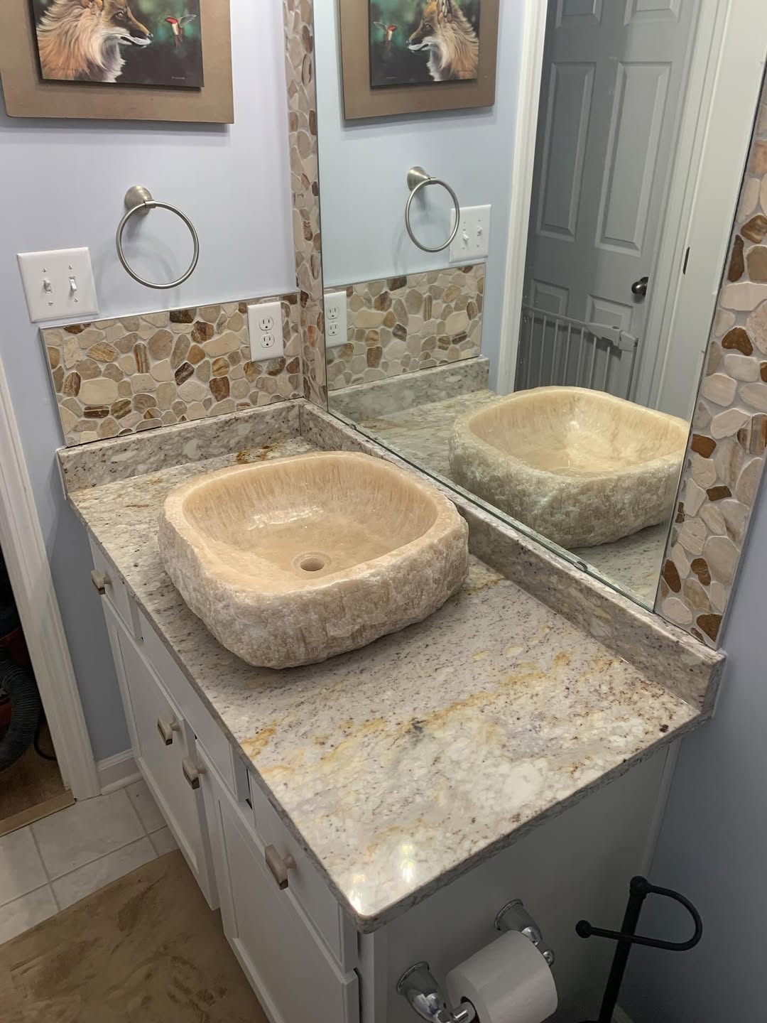 Custom Stone Vessel Vanity — Hand-Carved Onyx Vessel · Granite Top bath project by Indiana Stone Gallery