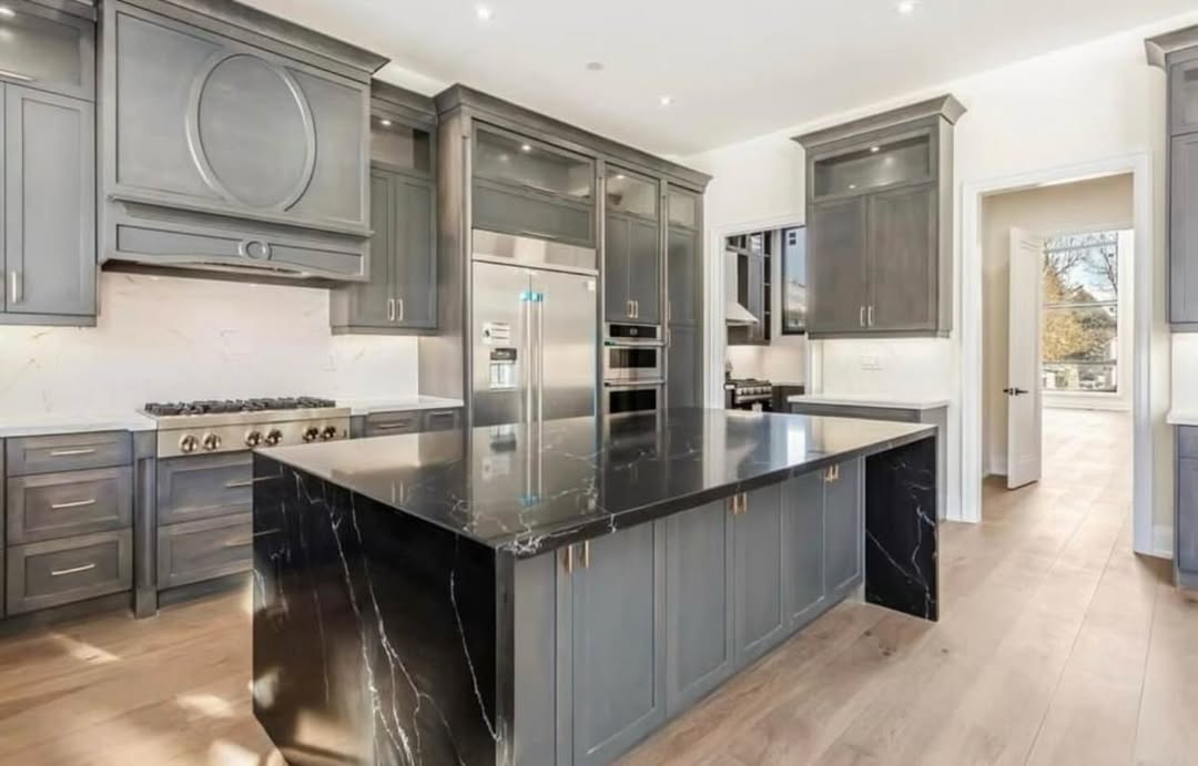 Black Marble Quartz Island — Black Veined Quartz kitchen project by Indiana Stone Gallery